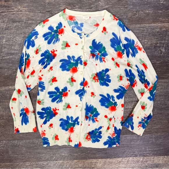 J. Crew blue red and cream floral print cardigan sweater size XL B167 - Picture 1 of 4